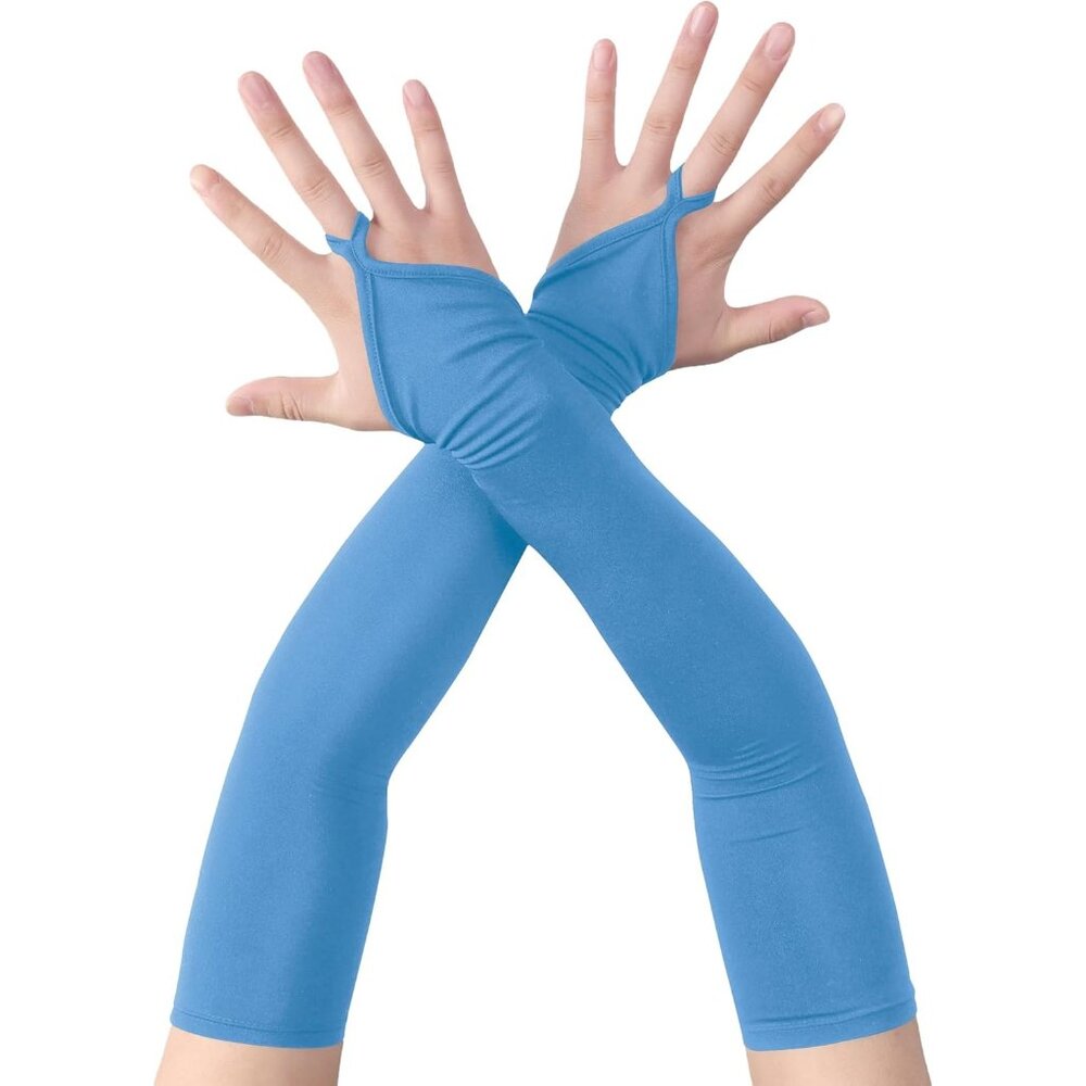 Women's Finger Loop Sky Blue Elegant Stretchy Spandex Elbow Length Satin Gloves